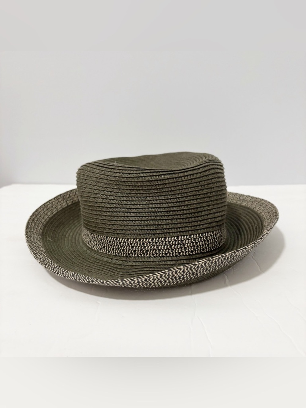 Sun N' Sand Olive Straw Fedora with Contrasting Trim Sunhat Beach Vacation Boho